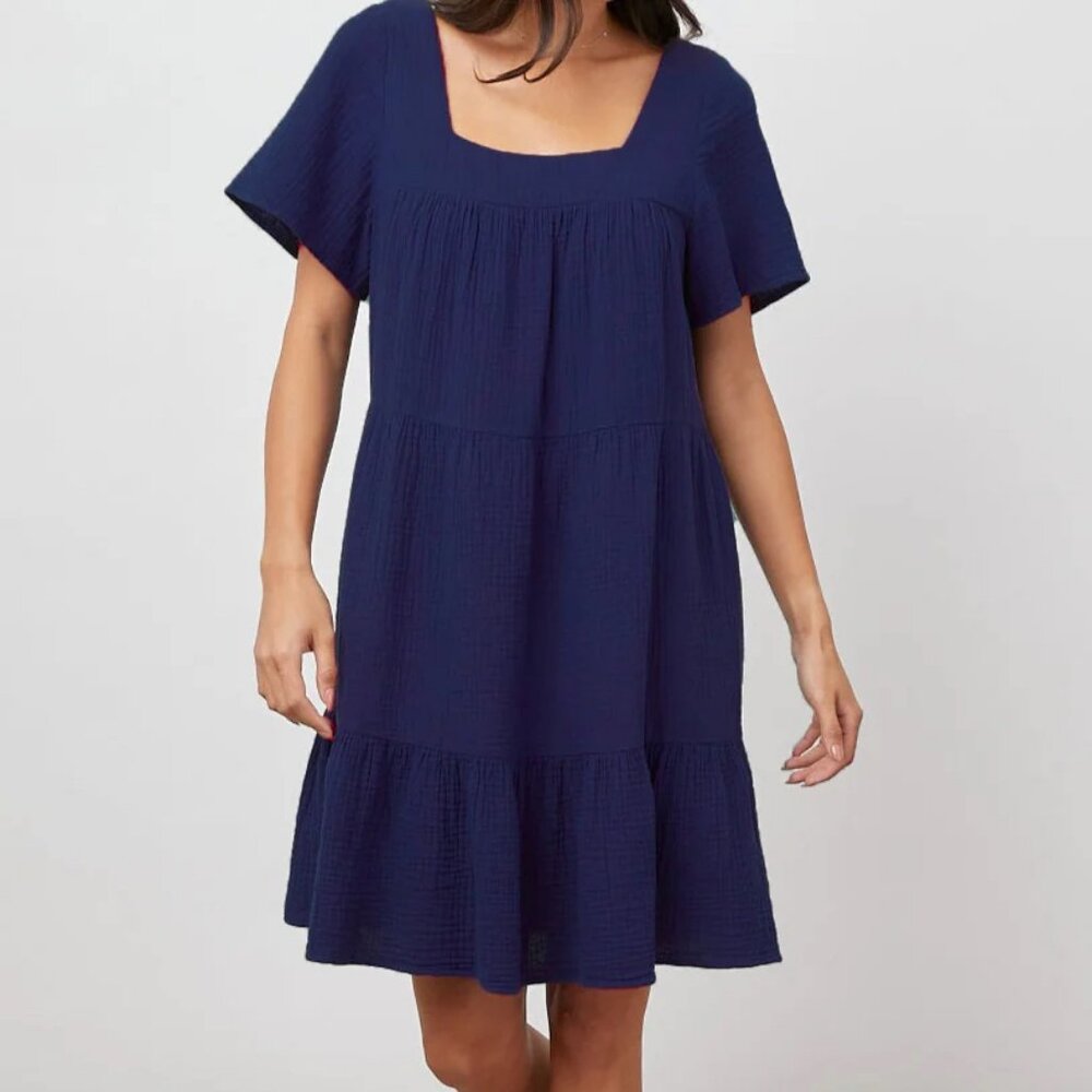 Rails square neck Valentina cotton gauze tiered dress in navy blue - XL